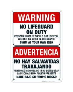 No Lifeguard On Duty Sign, Bilingual English Spanish