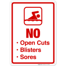 No Open Cuts Blisters Sores Sign, Pool Sign No Open Cuts Blisters Sores Sign, Pool Sign