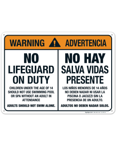 No Lifeguard On Duty Sign, Bilingual Spanish English
