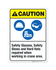 Safety Glasses Safety Shoes And Hard Hats Required When Working Sign, ANSI Caution Sign
