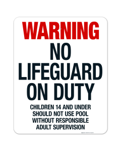 Utah Warning No Lifeguard On Duty Sign, Complies With State Of Utah Pool Safety Code