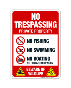 Private Property No Fishing Swimming Boating Or Flotation Devices Beware Of Wildlife Sign