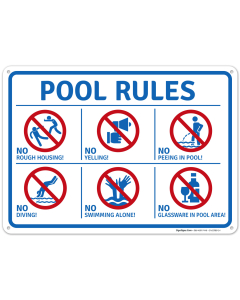Pool Rules No Rough Housing Yelling Peeing in Pool Diving Swimming Alone and Galssware Sign
