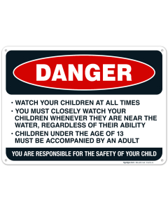 Watch Your Children At All Times You Must Closely Watch Your Children Sign, Pool Sign