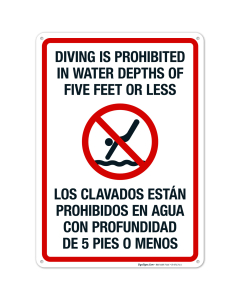 Diving Is Prohibited In Water Depths Of Five Feet Or Less Sign, Pool Sign