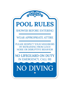 Pool Rules Shower Before Entering No Lifeguard On Duty In Emergency Call 911 Sign