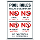 Bilingual Pool Rules Sign, No Diving No Running No Food No Glass