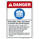 Read Ladder Safety Instructions To Prevent Slip And Fall Injuries Sign, ANSI Danger Sign