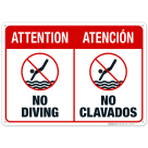 No Diving Pool Sign, Bilingual English Spanish