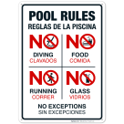 Bilingual Pool Rules Sign, No Diving No Running No Food No Glass